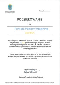Wsparcie Obywateli z Ukrainy – podziękowania dla Fundacji Barka od Prezydenta Poznania